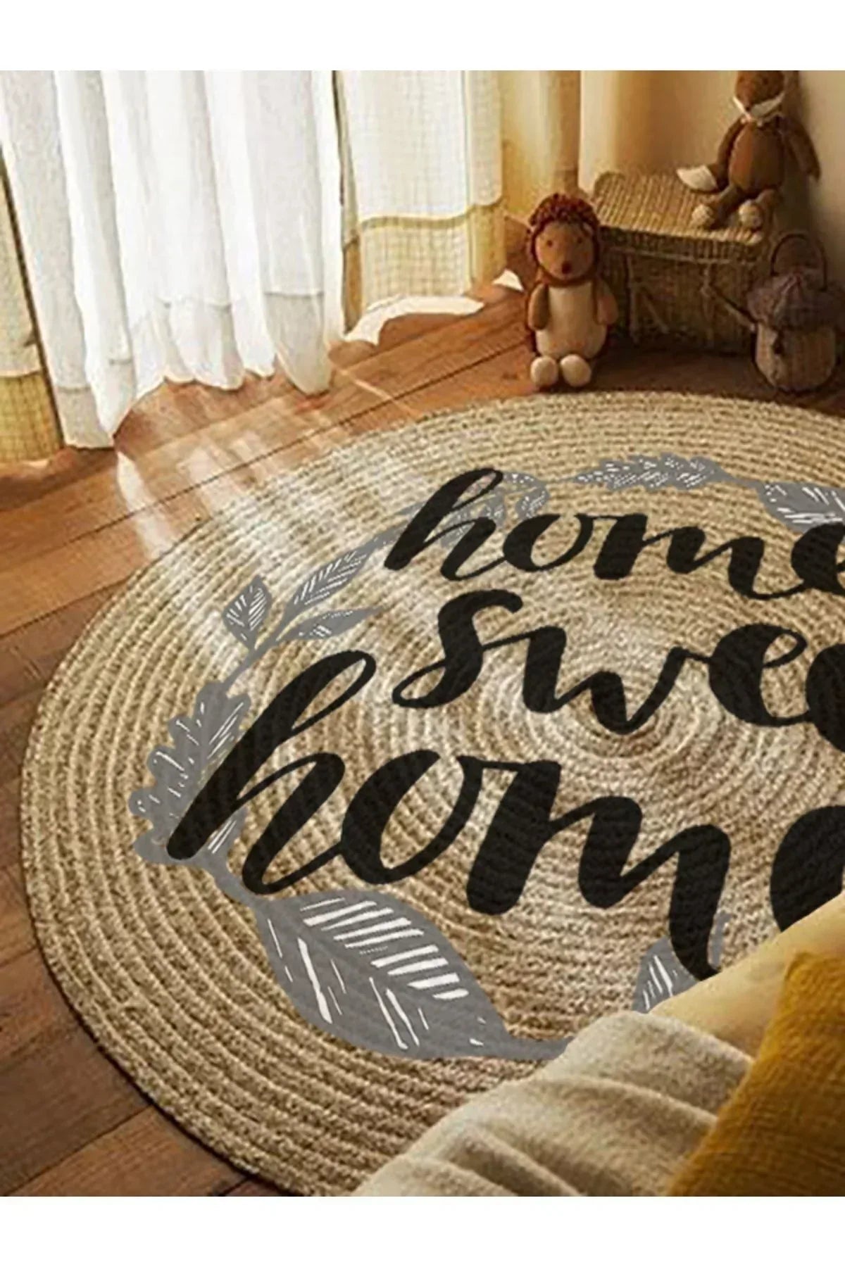 Boho 973 Home Sweet Home Temalı Etnik Desenli Yuvarlak Jüt Örme Doğal Hasır Kilim Daire Halı - HALI VAGONU