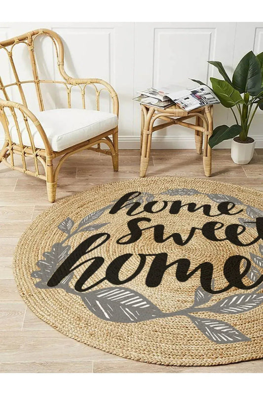 Boho 973 Home Sweet Home Temalı Etnik Desenli Yuvarlak Jüt Örme Doğal Hasır Kilim Daire Halı - HALI VAGONU