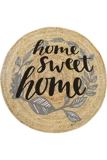 Boho 973 Home Sweet Home Temalı Etnik Desenli Yuvarlak Jüt Örme Doğal Hasır Kilim Daire Halı - HALI VAGONU
