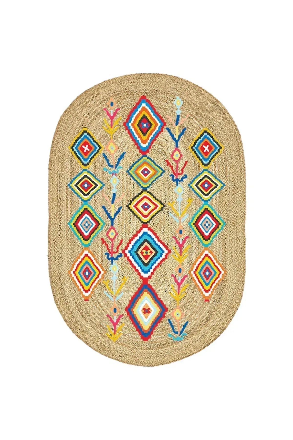 Boho 976 Jüt Hasır Etnik Desenli Oval Jüt Örme Doğal Hasır Natural Oval Halı - HALI VAGONU