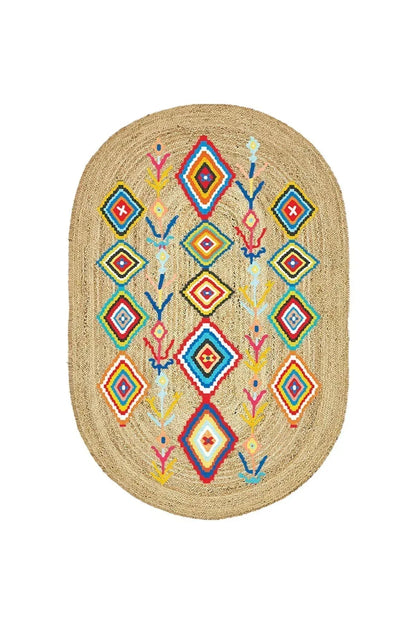 Boho 976 Jüt Hasır Etnik Desenli Oval Jüt Örme Doğal Hasır Natural Oval Halı - HALI VAGONU