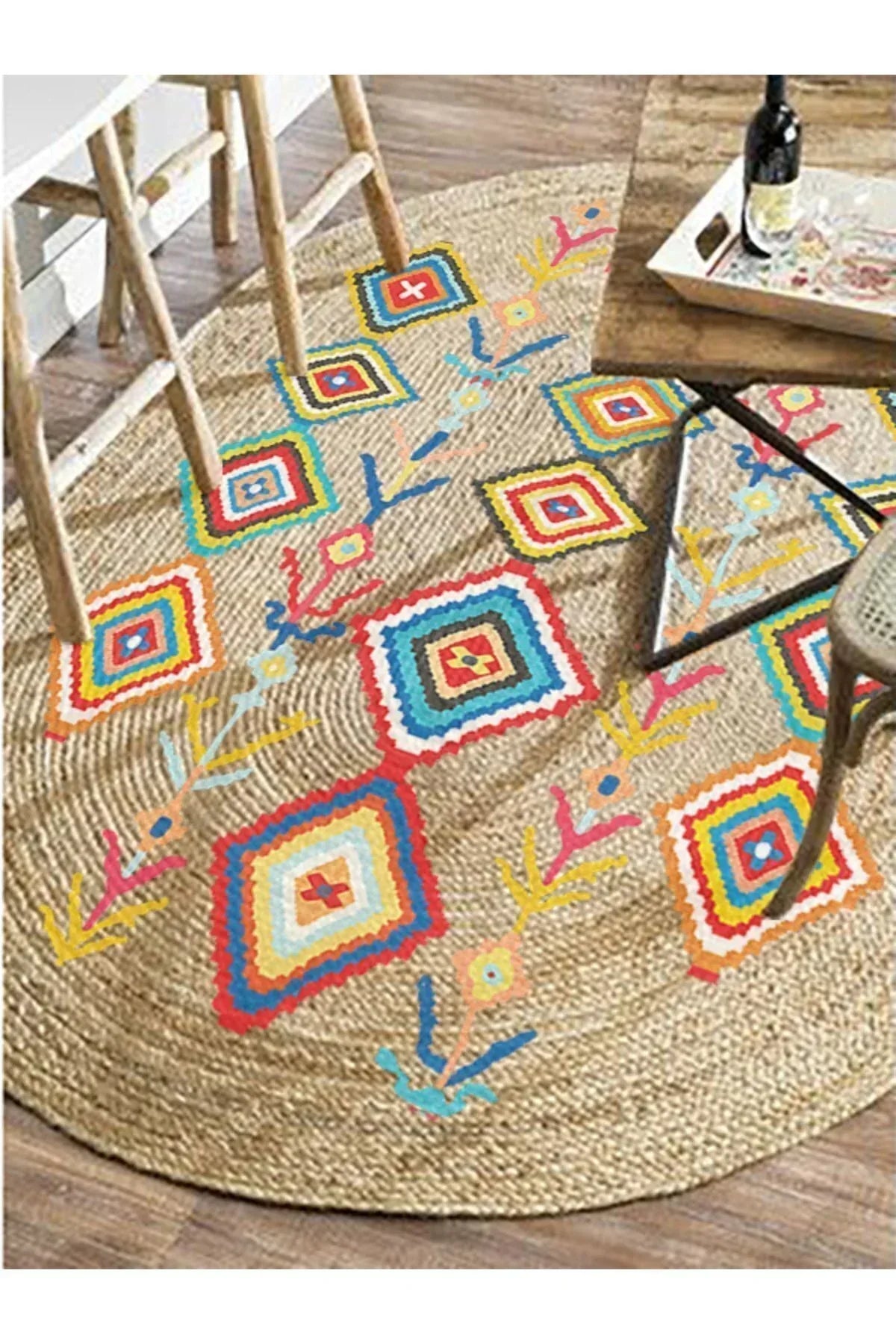 Boho 976 Jüt Hasır Etnik Desenli Oval Jüt Örme Doğal Hasır Natural Oval Halı - HALI VAGONU