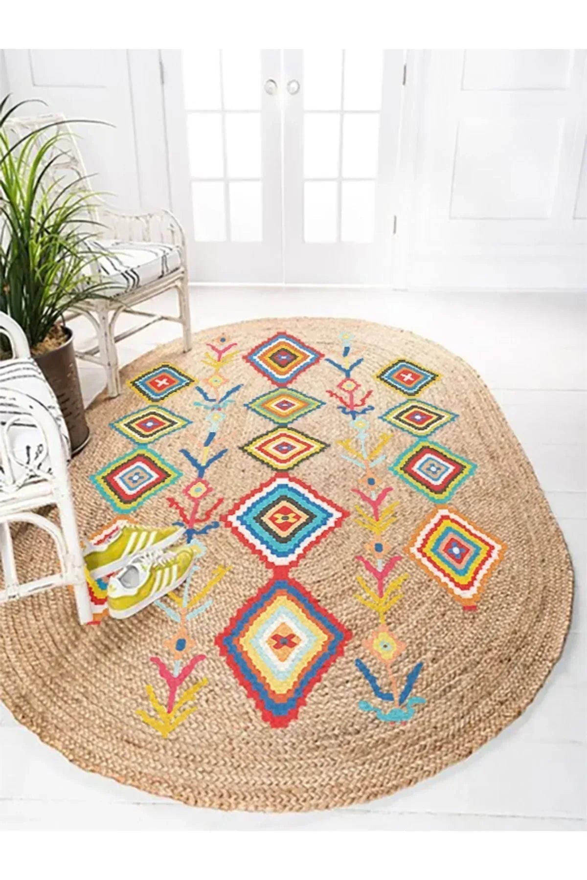 Boho 976 Jüt Hasır Etnik Desenli Oval Jüt Örme Doğal Hasır Natural Oval Halı - HALI VAGONU