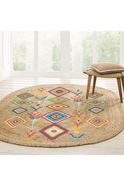 Boho 976 Jüt Hasır Etnik Desenli Oval Jüt Örme Doğal Hasır Natural Oval Halı - HALI VAGONU