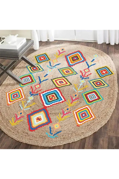 Boho 976 Jüt Hasır Etnik Desenli Oval Jüt Örme Doğal Hasır Natural Oval Halı - HALI VAGONU