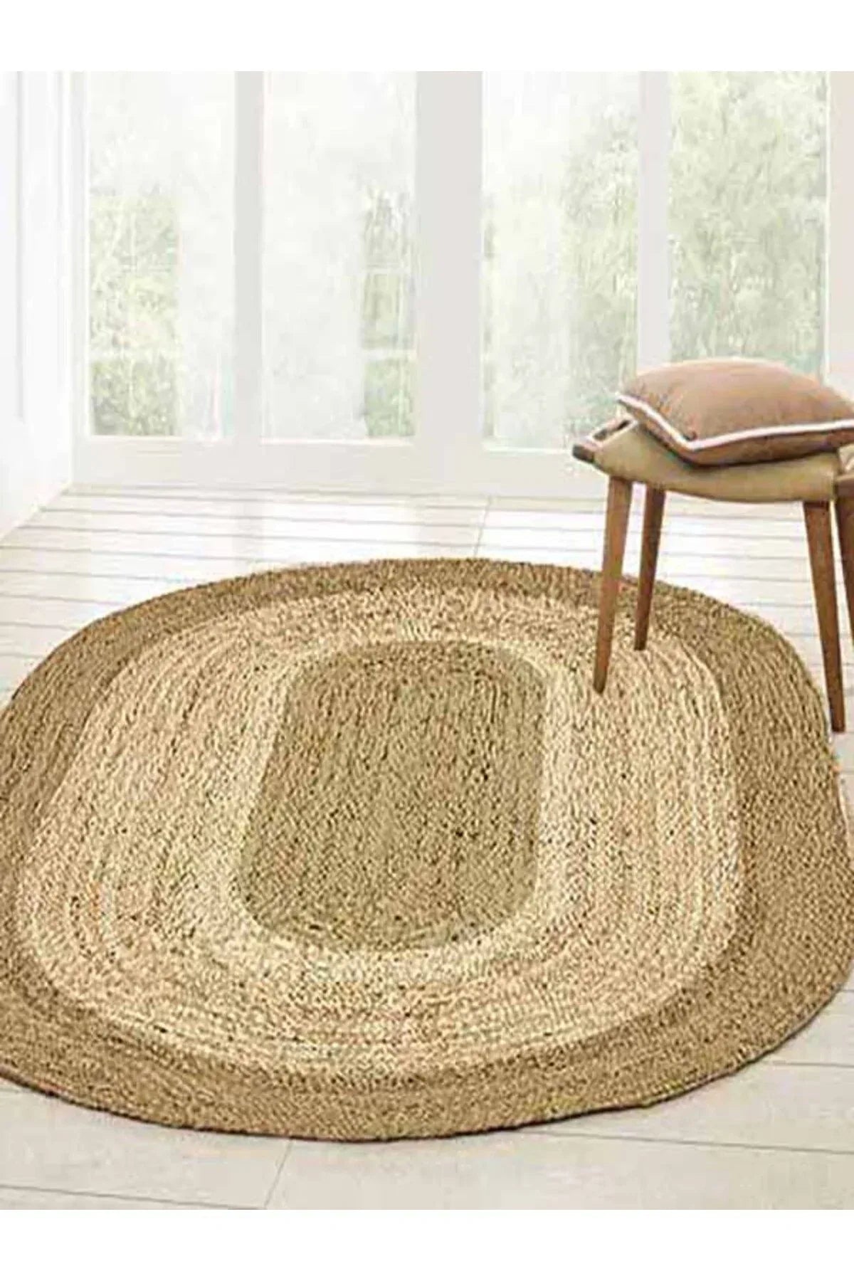 Boho 977 Jüt Hasır Etnik Desenli Oval Jüt Örme Doğal Hasır Natural Oval Halı - HALI VAGONU