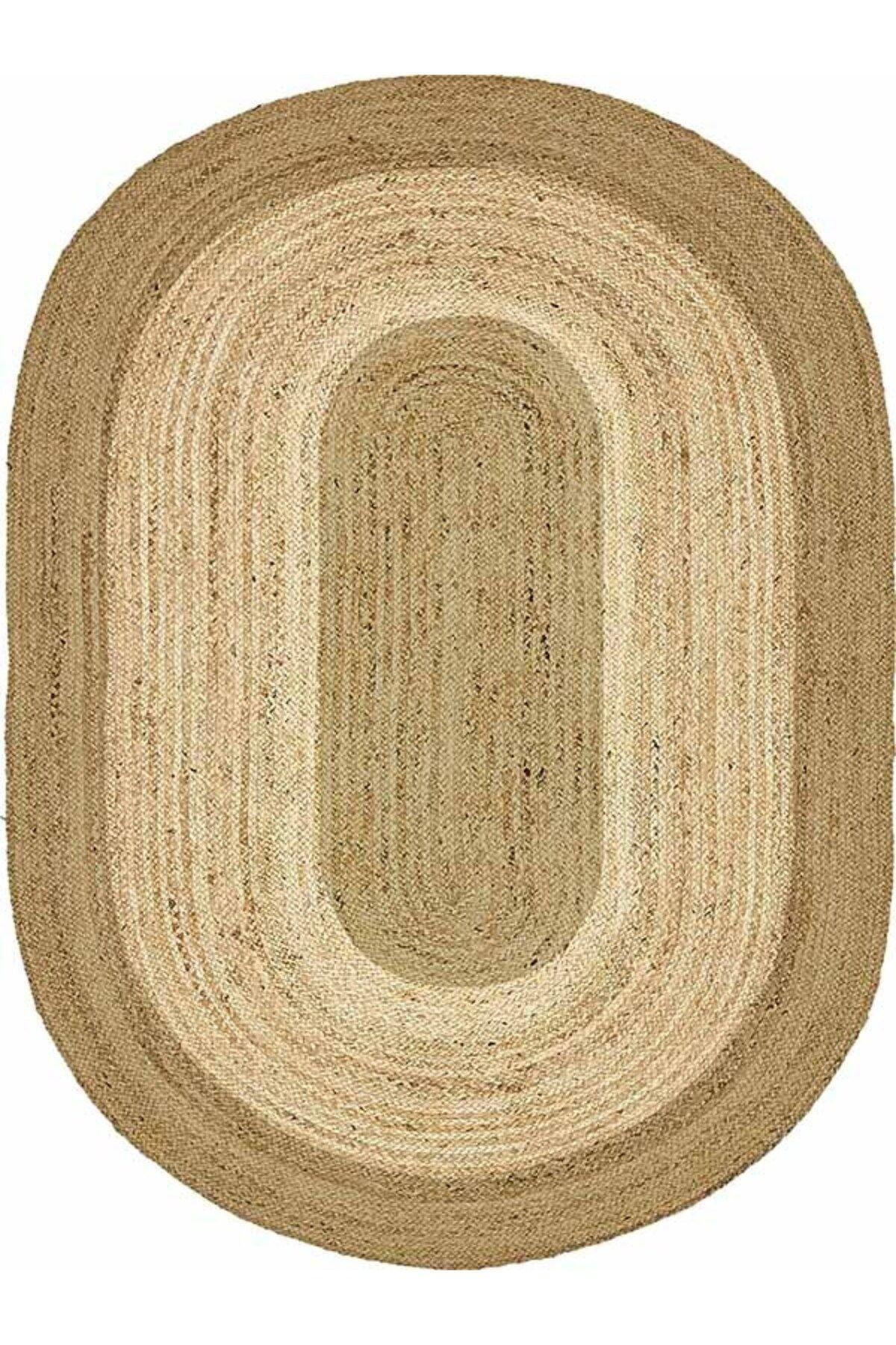 Boho 977 Jüt Hasır Etnik Desenli Oval Jüt Örme Doğal Hasır Natural Oval Halı - HALI VAGONU