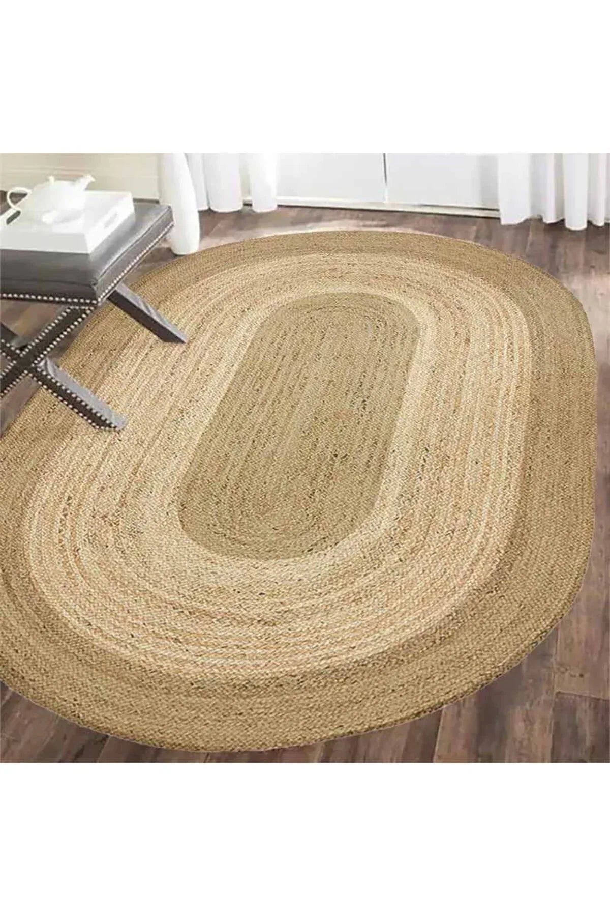 Boho 977 Jüt Hasır Etnik Desenli Oval Jüt Örme Doğal Hasır Natural Oval Halı - HALI VAGONU