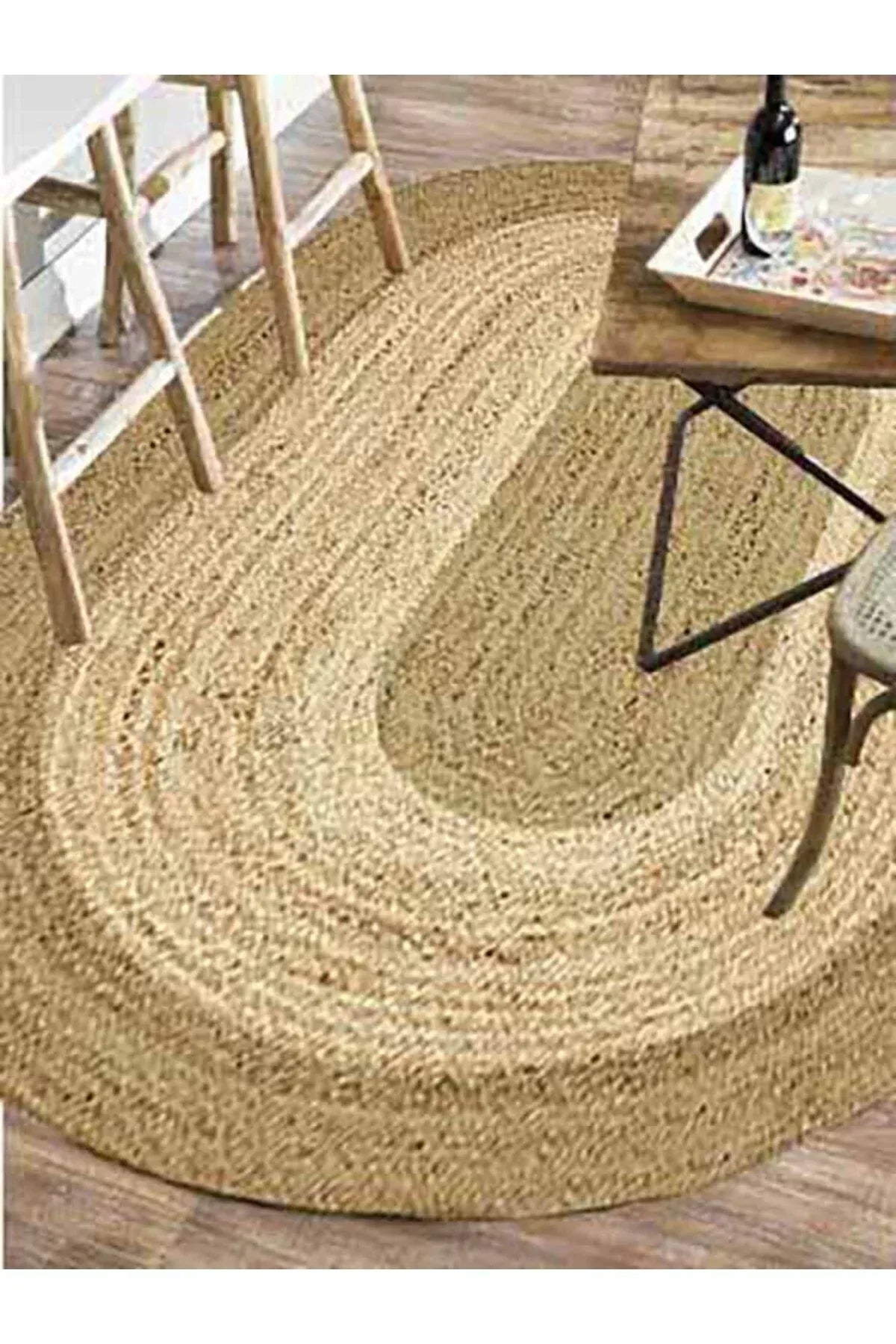 Boho 977 Jüt Hasır Etnik Desenli Oval Jüt Örme Doğal Hasır Natural Oval Halı - HALI VAGONU