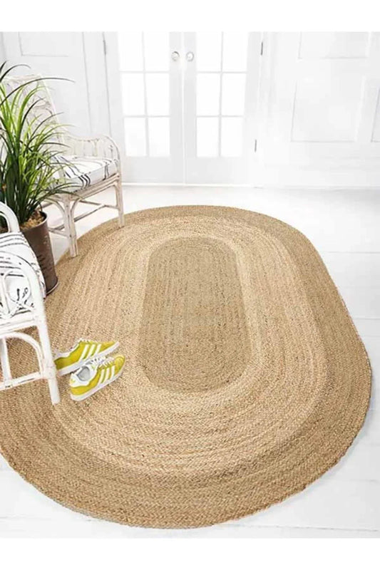 Boho 977 Jüt Hasır Etnik Desenli Oval Jüt Örme Doğal Hasır Natural Oval Halı - HALI VAGONU