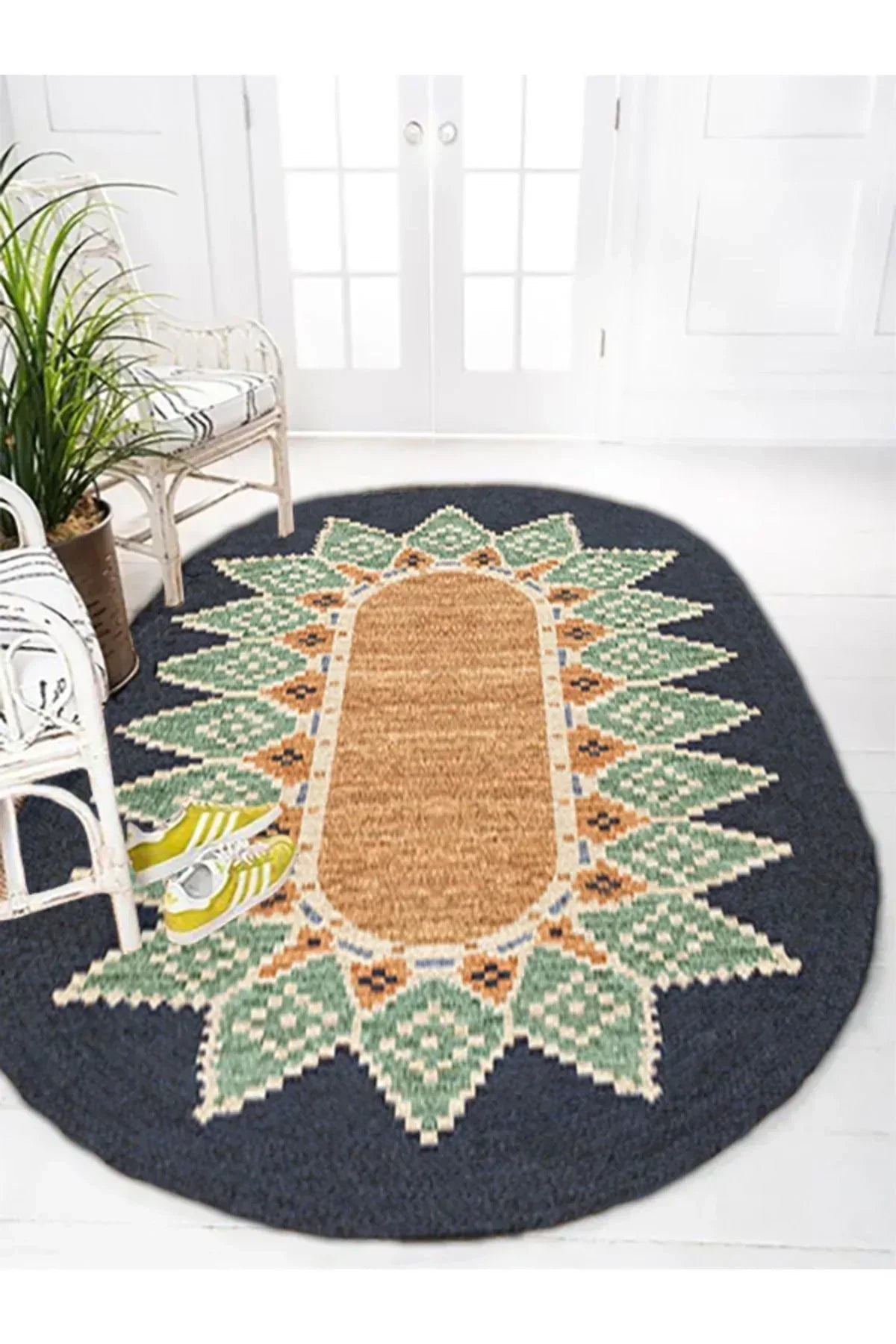 Boho 978 Jüt Hasır Etnik Desenli Oval Jüt Örme Doğal Hasır Natural Oval Halı - HALI VAGONU