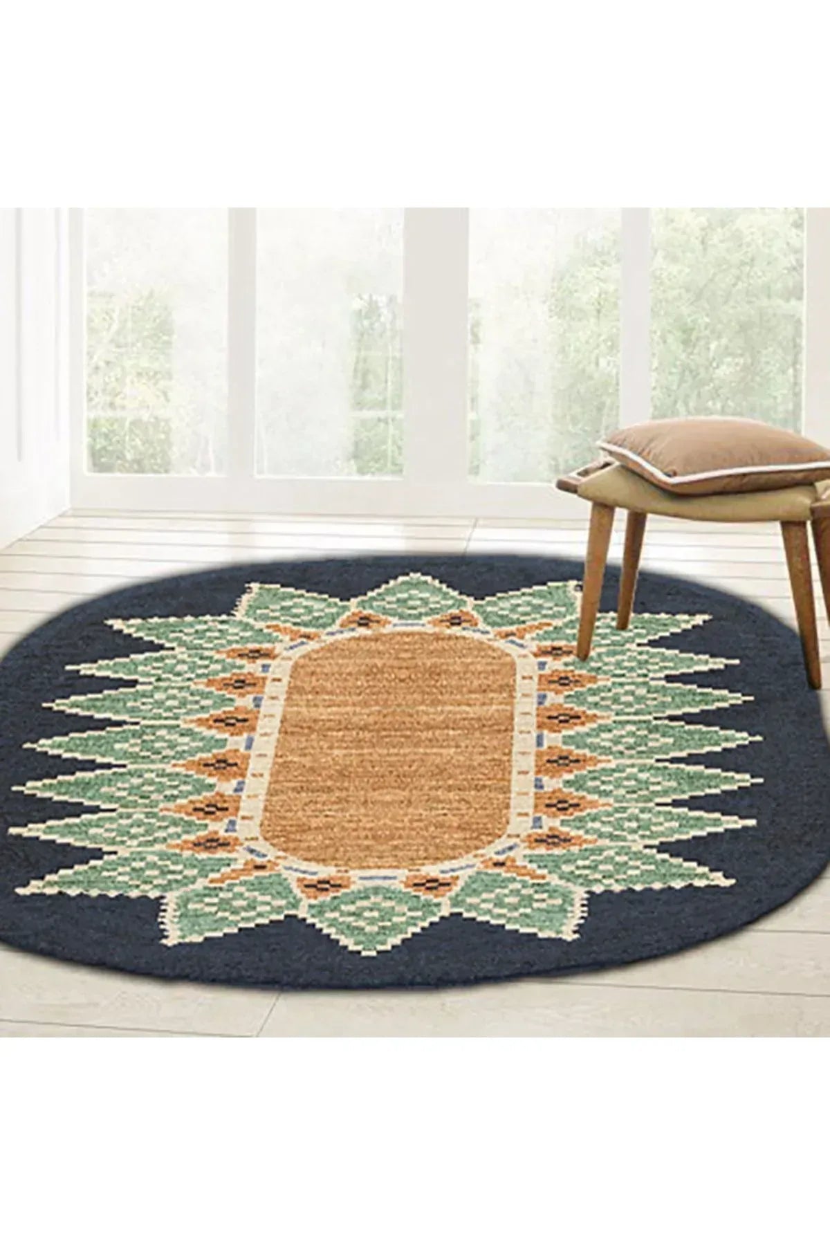 Boho 978 Jüt Hasır Etnik Desenli Oval Jüt Örme Doğal Hasır Natural Oval Halı - HALI VAGONU