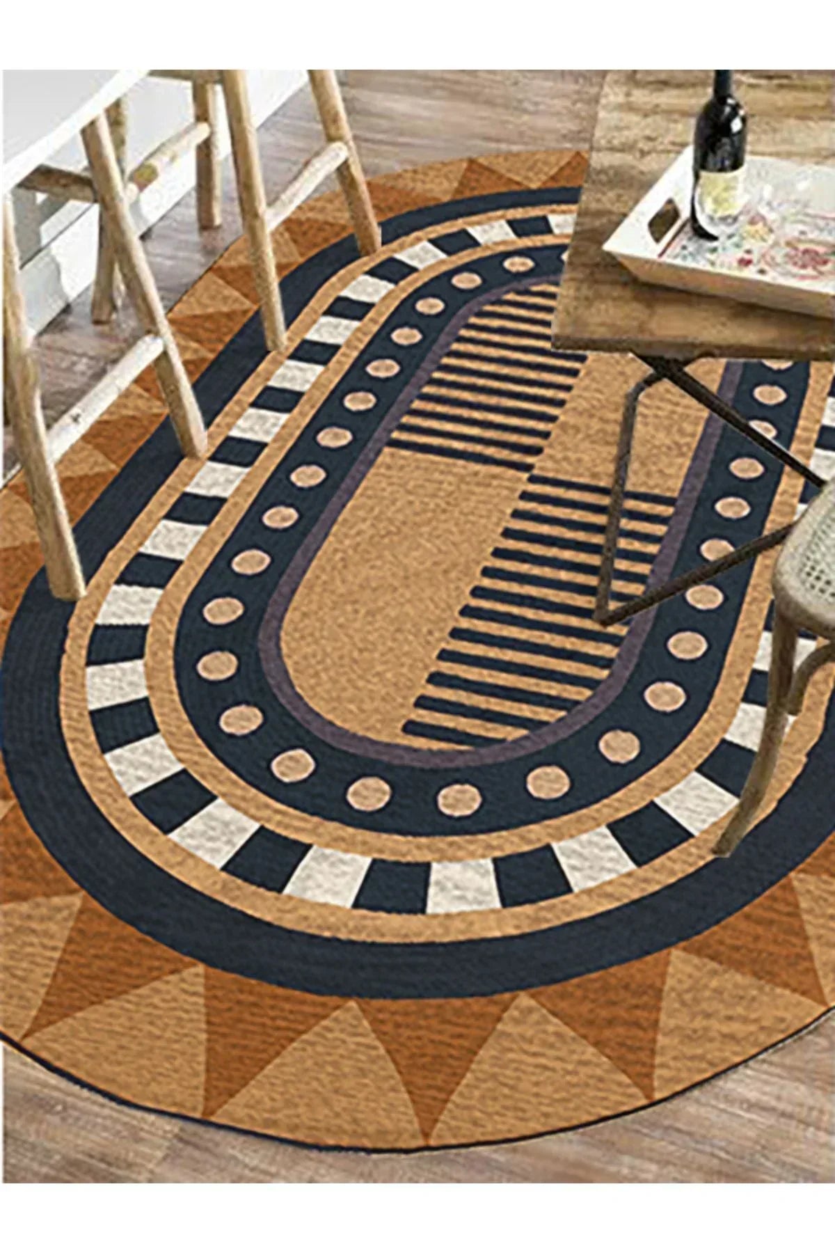 Boho 979 Jüt Hasır Etnik Desenli Oval Jüt Örme Doğal Hasır Natural Oval Halı - HALI VAGONU