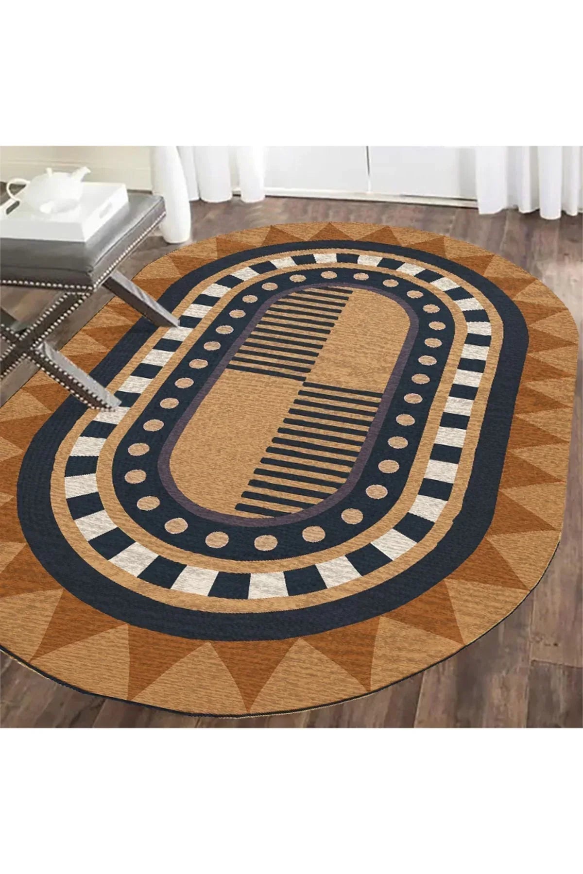 Boho 979 Jüt Hasır Etnik Desenli Oval Jüt Örme Doğal Hasır Natural Oval Halı - HALI VAGONU