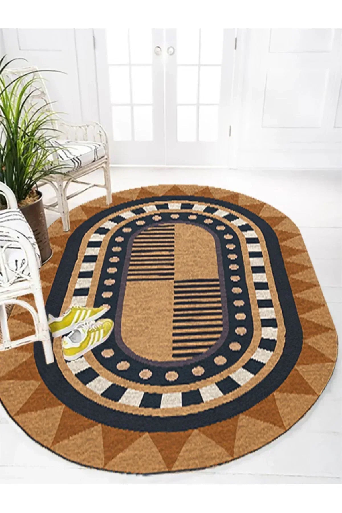 Boho 979 Jüt Hasır Etnik Desenli Oval Jüt Örme Doğal Hasır Natural Oval Halı - HALI VAGONU