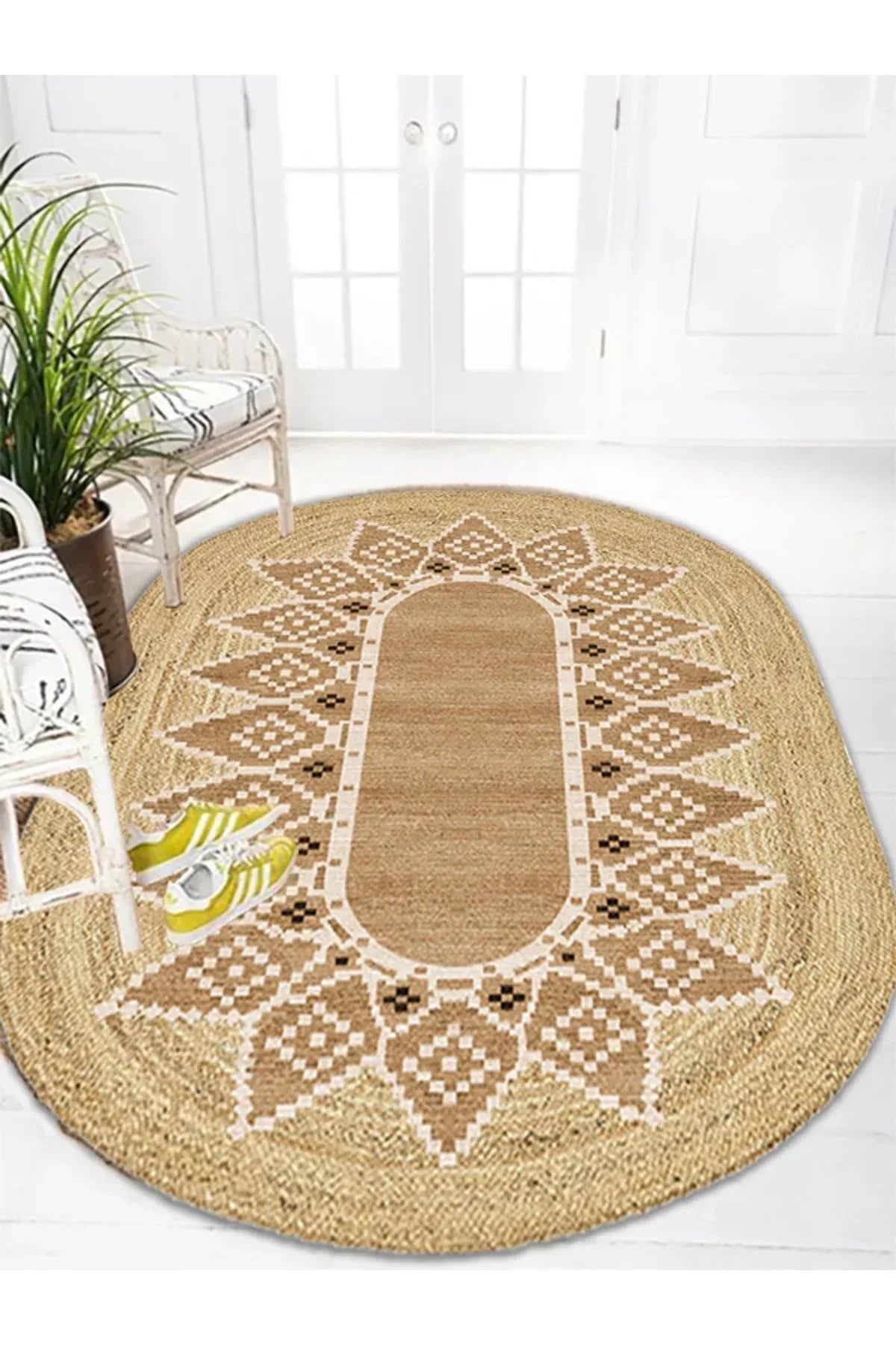 Boho 980 Jüt Hasır Etnik Desenli Oval Jüt Örme Doğal Hasır Natural Oval Halı - HALI VAGONU