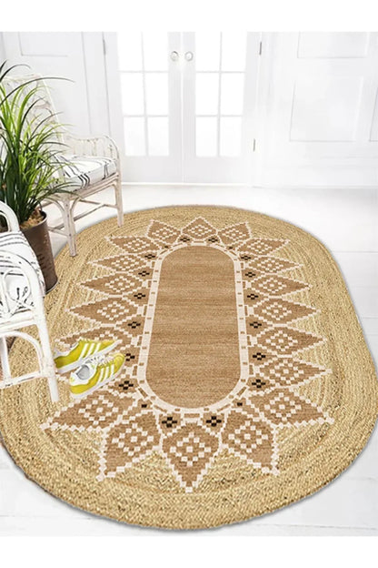 Boho 980 Jüt Hasır Etnik Desenli Oval Jüt Örme Doğal Hasır Natural Oval Halı - HALI VAGONU
