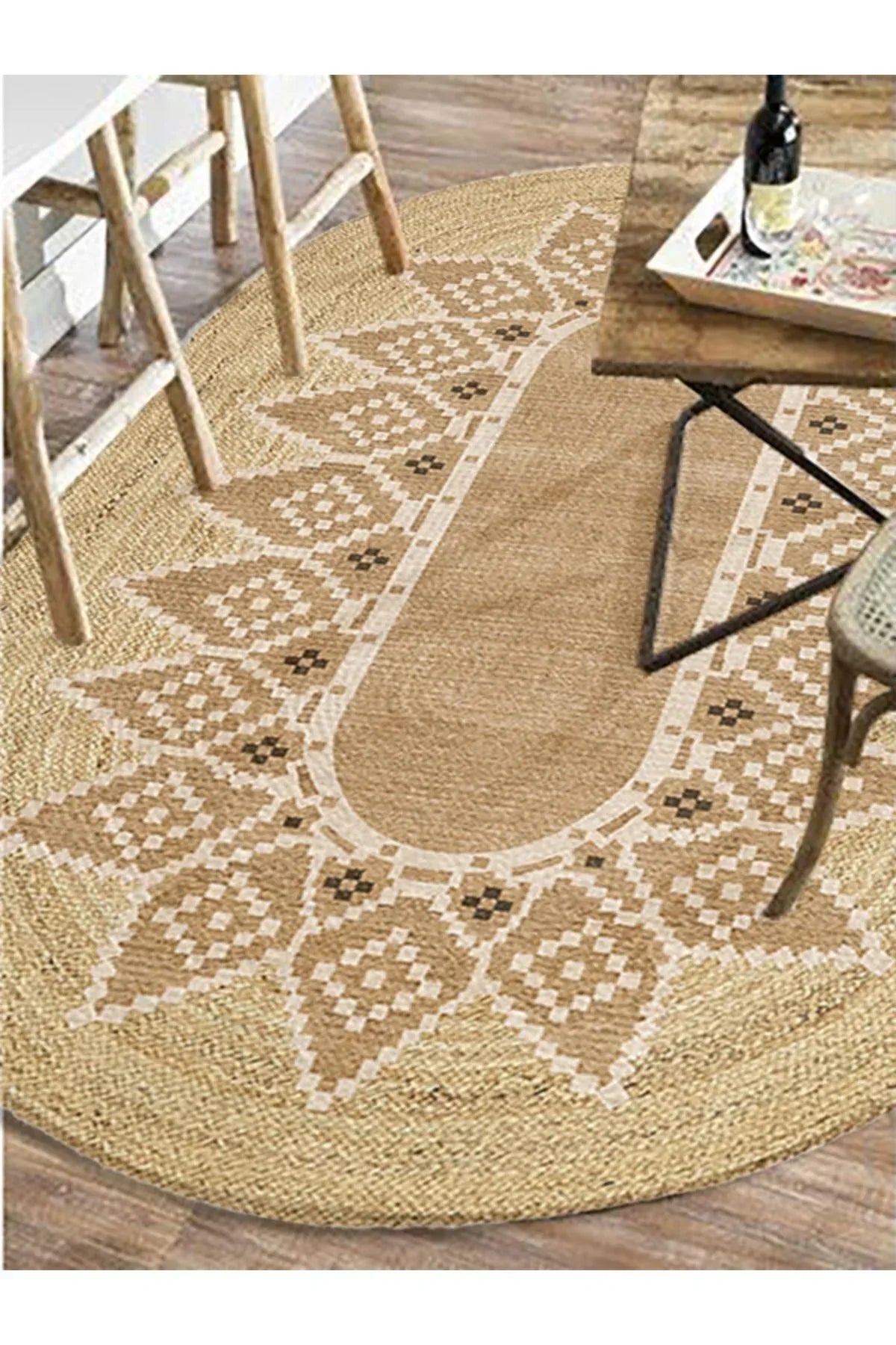 Boho 980 Jüt Hasır Etnik Desenli Oval Jüt Örme Doğal Hasır Natural Oval Halı - HALI VAGONU