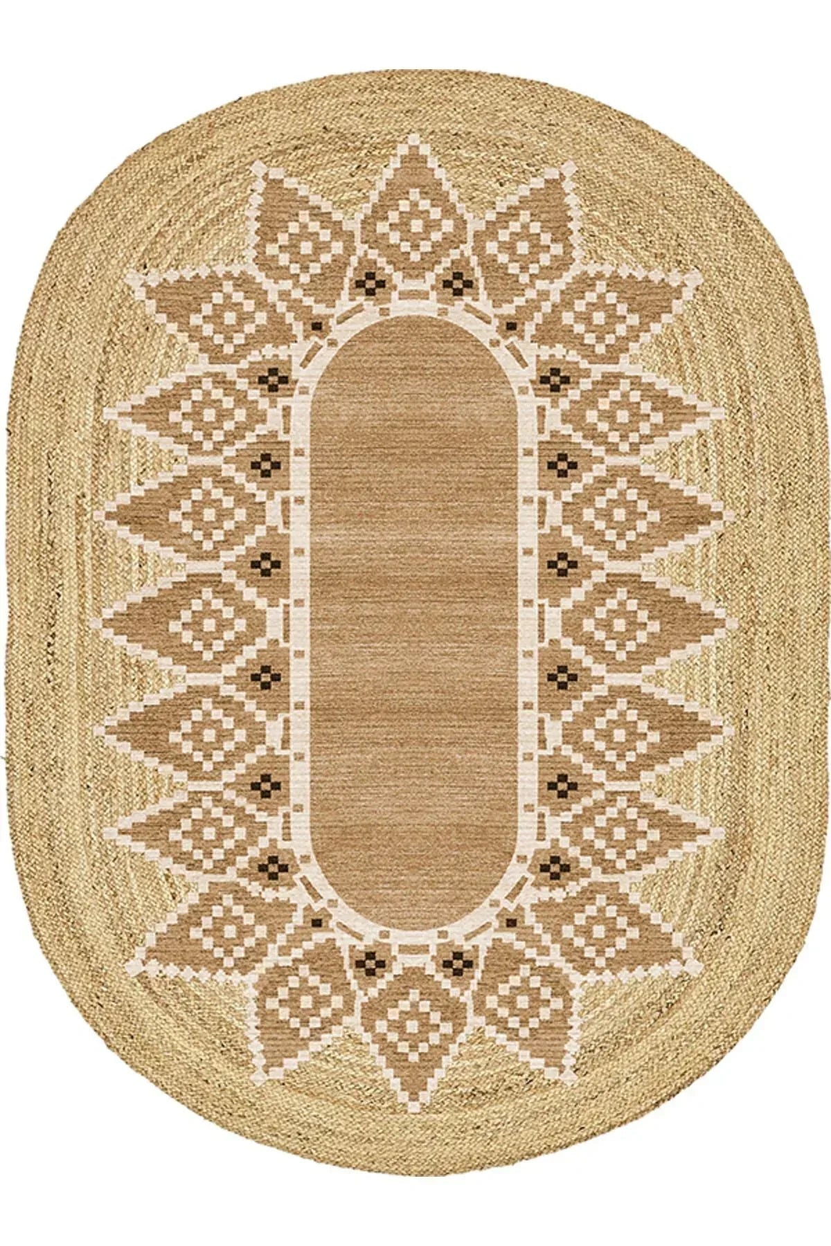 Boho 980 Jüt Hasır Etnik Desenli Oval Jüt Örme Doğal Hasır Natural Oval Halı - HALI VAGONU