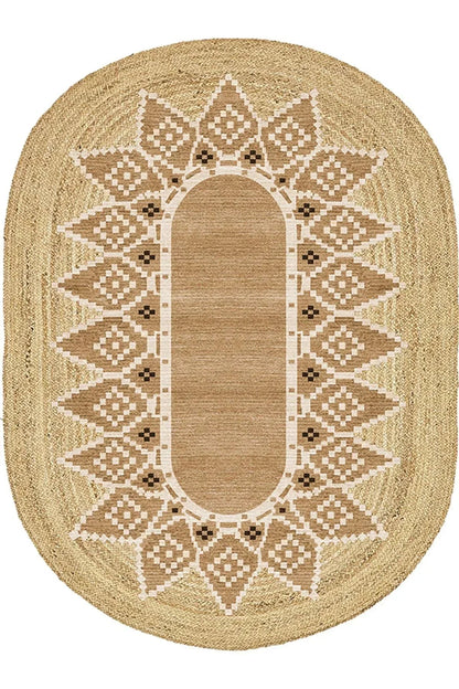 Boho 980 Jüt Hasır Etnik Desenli Oval Jüt Örme Doğal Hasır Natural Oval Halı - HALI VAGONU