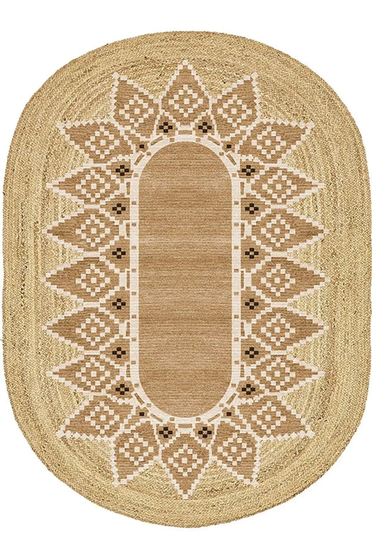 Boho 980 Jüt Hasır Etnik Desenli Oval Jüt Örme Doğal Hasır Natural Oval Halı - HALI VAGONU