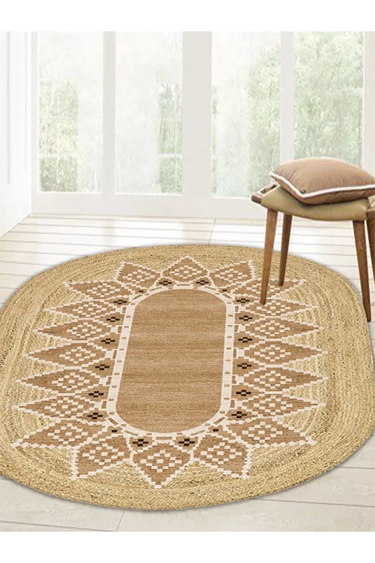 Boho 980 Jüt Hasır Etnik Desenli Oval Jüt Örme Doğal Hasır Natural Oval Halı - HALI VAGONU