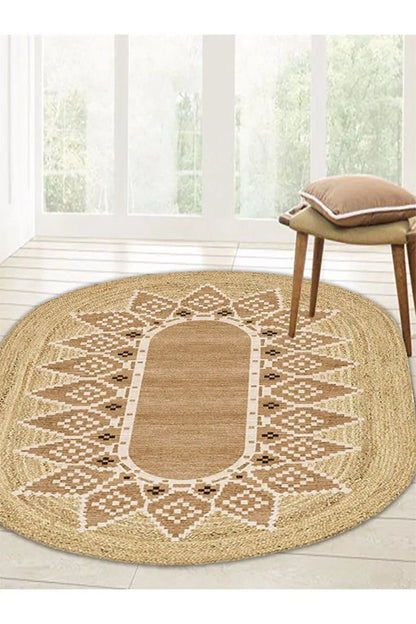 Boho 980 Jüt Hasır Etnik Desenli Oval Jüt Örme Doğal Hasır Natural Oval Halı - HALI VAGONU