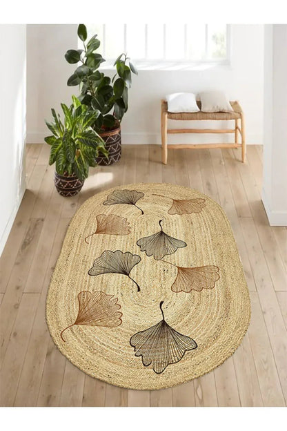 Boho 982 Oval Siyah Yel Motifli Etnik Desenli Jüt Rengi Örgü Yuvarlak Natural Çift Taraflı Halı - HALI VAGONU