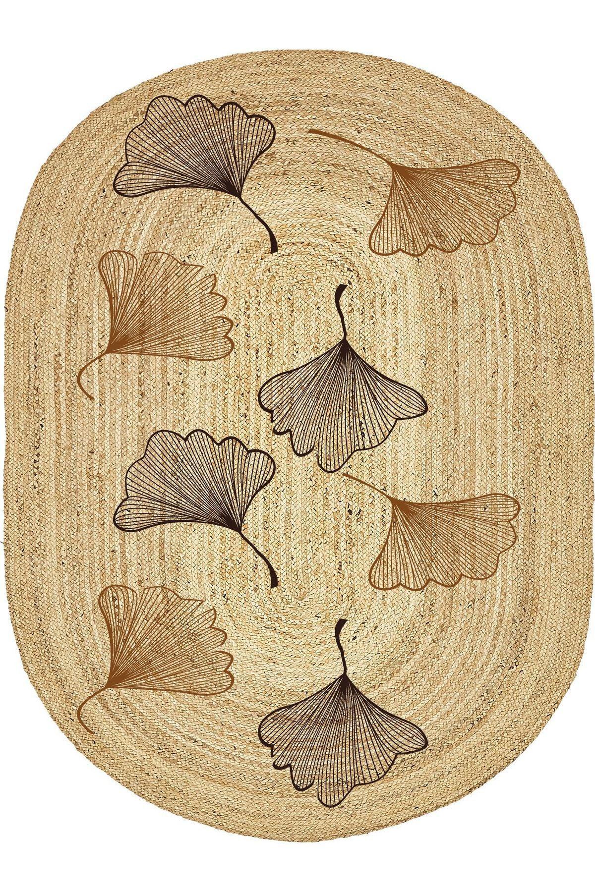Boho 982 Oval Siyah Yel Motifli Etnik Desenli Jüt Rengi Örgü Yuvarlak Natural Çift Taraflı Halı - HALI VAGONU