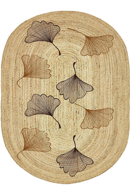 Boho 982 Oval Siyah Yel Motifli Etnik Desenli Jüt Rengi Örgü Yuvarlak Natural Çift Taraflı Halı - HALI VAGONU