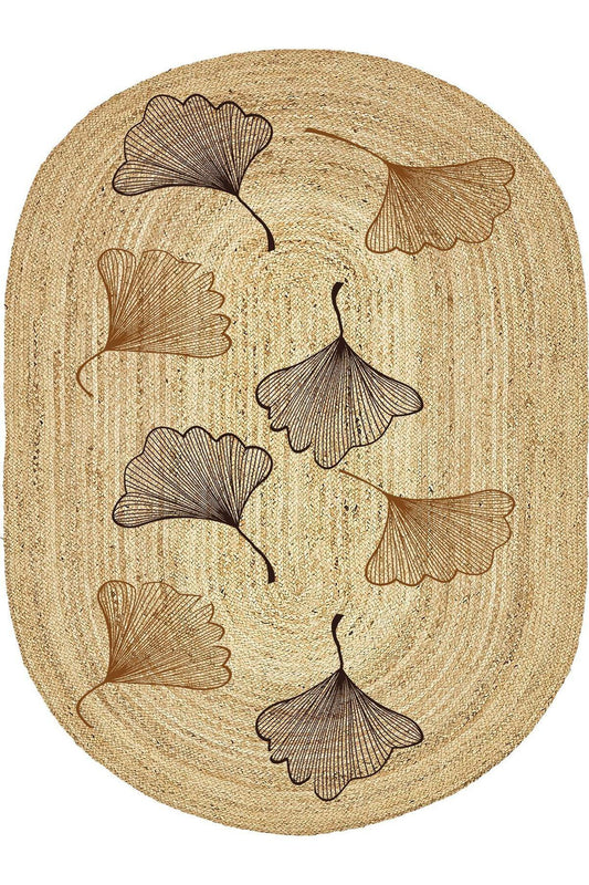 Boho 982 Oval Siyah Yel Motifli Etnik Desenli Jüt Rengi Örgü Yuvarlak Natural Çift Taraflı Halı - HALI VAGONU