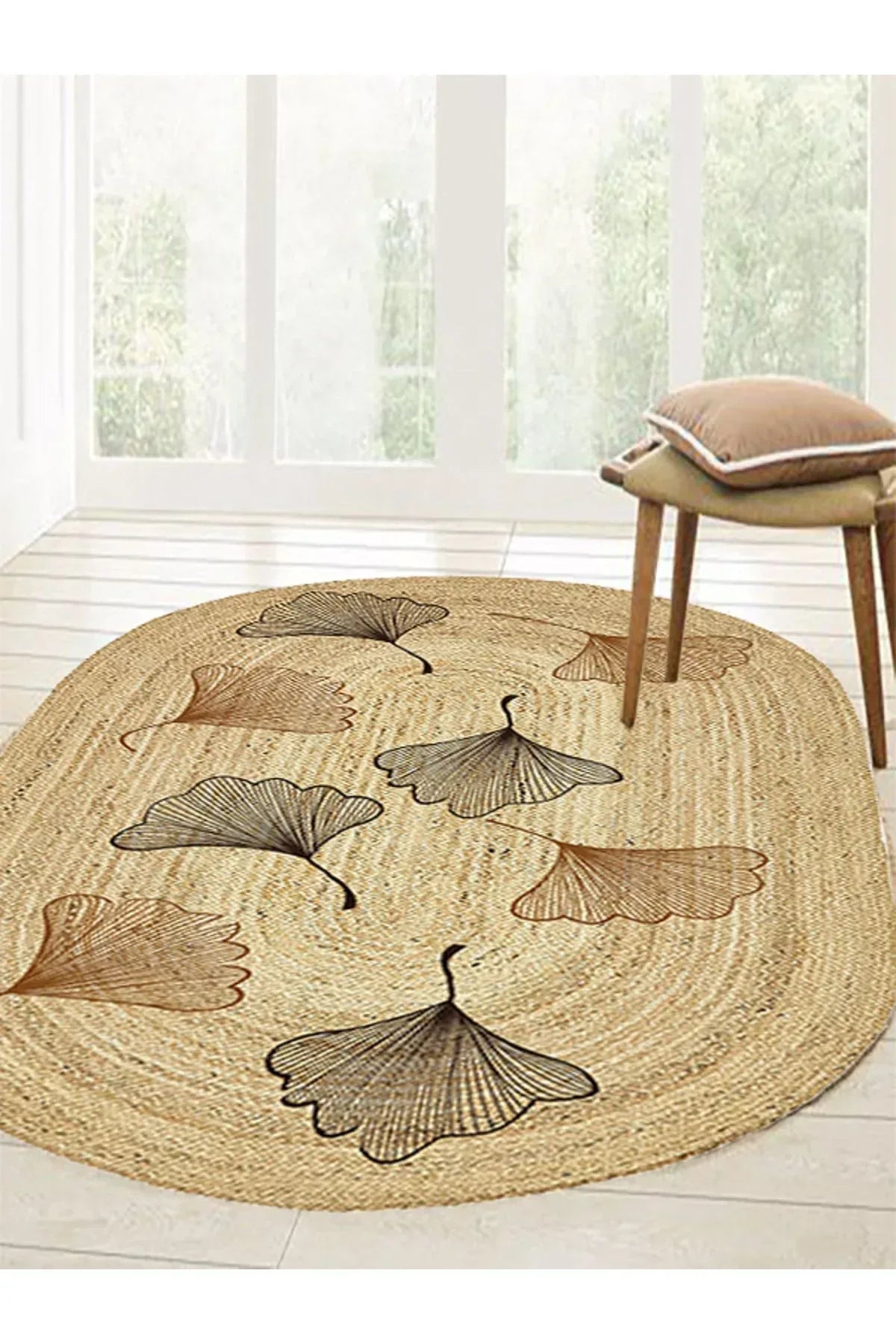 Boho 982 Oval Siyah Yel Motifli Etnik Desenli Jüt Rengi Örgü Yuvarlak Natural Çift Taraflı Halı - HALI VAGONU