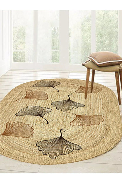 Boho 982 Oval Siyah Yel Motifli Etnik Desenli Jüt Rengi Örgü Yuvarlak Natural Çift Taraflı Halı - HALI VAGONU