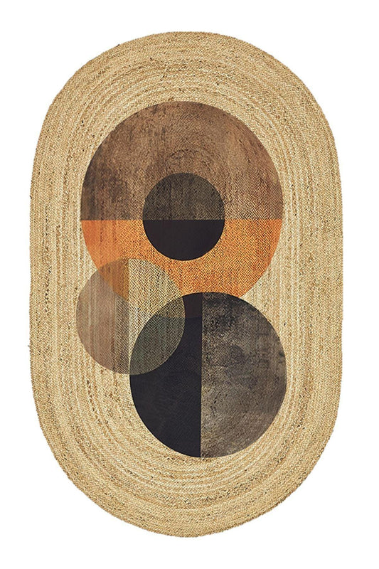 Boho 986 Oval Siyah Etnik Desenli Jüt Rengi Örgü Yuvarlak Natural Çift Taraflı Halı - HALI VAGONU