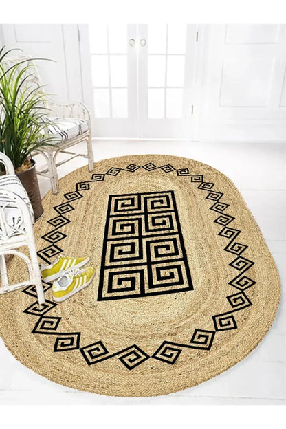 Boho 987 Jüt Hasır Etnik Desenli Oval Jüt Örme Doğal Hasır Natural Oval Halı - HALI VAGONU