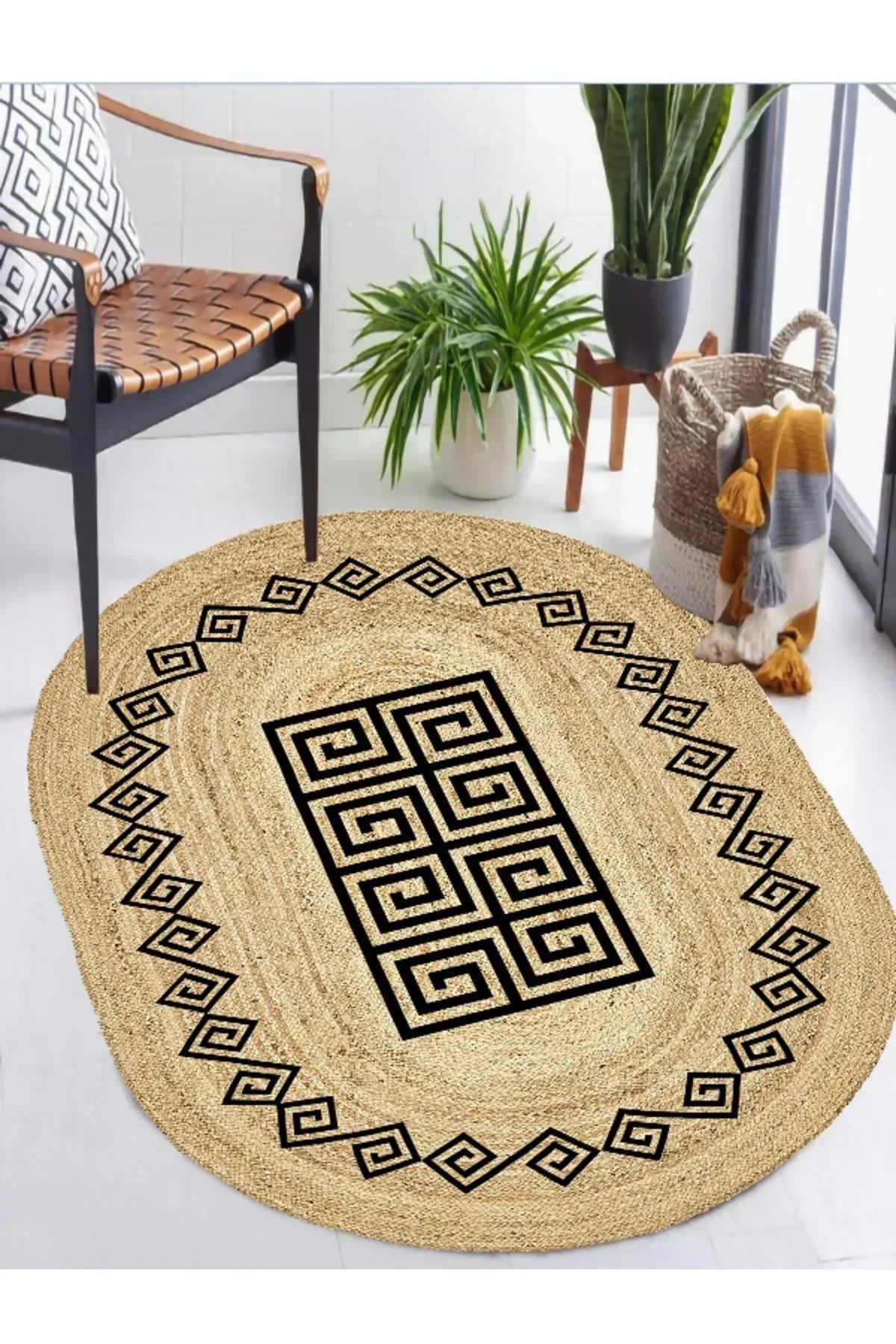Boho 987 Jüt Hasır Etnik Desenli Oval Jüt Örme Doğal Hasır Natural Oval Halı - HALI VAGONU