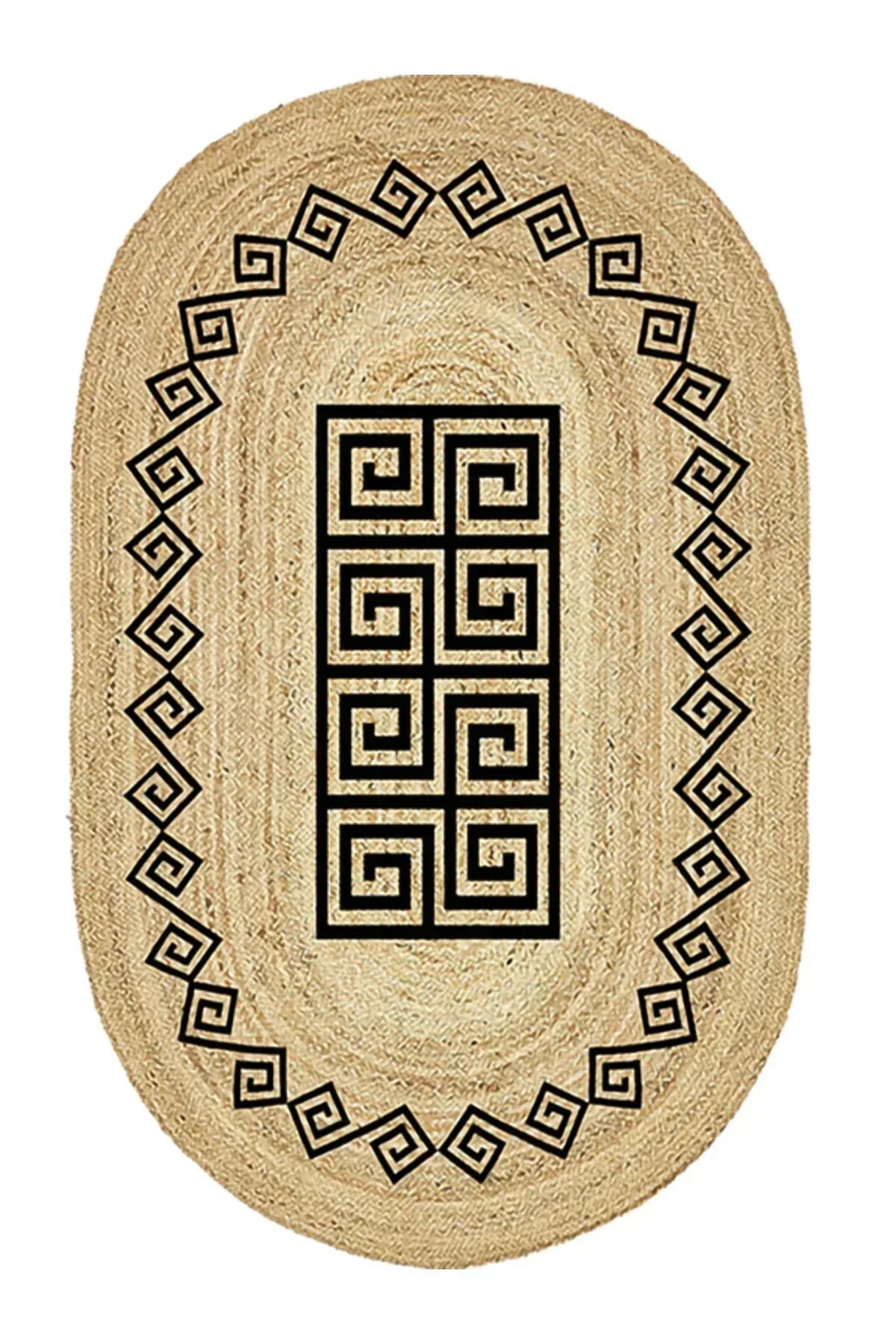 Boho 987 Jüt Hasır Etnik Desenli Oval Jüt Örme Doğal Hasır Natural Oval Halı - HALI VAGONU