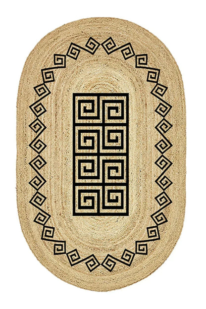 Boho 987 Jüt Hasır Etnik Desenli Oval Jüt Örme Doğal Hasır Natural Oval Halı - HALI VAGONU