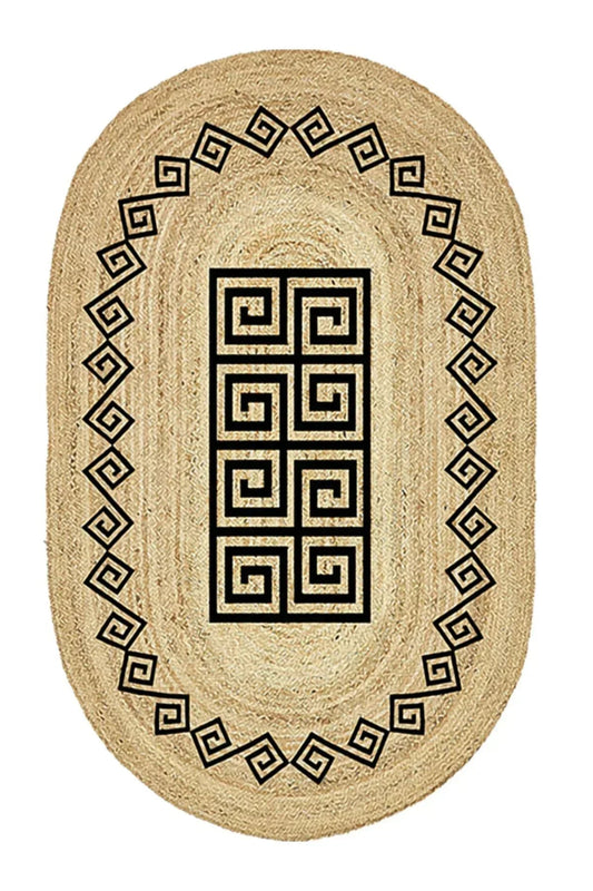 Boho 987 Jüt Hasır Etnik Desenli Oval Jüt Örme Doğal Hasır Natural Oval Halı - HALI VAGONU