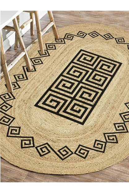 Boho 987 Jüt Hasır Etnik Desenli Oval Jüt Örme Doğal Hasır Natural Oval Halı - HALI VAGONU