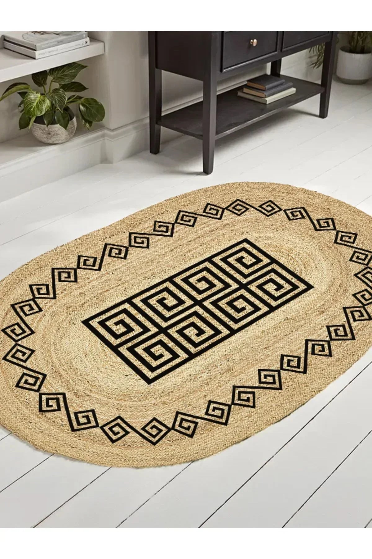 Boho 987 Jüt Hasır Etnik Desenli Oval Jüt Örme Doğal Hasır Natural Oval Halı - HALI VAGONU