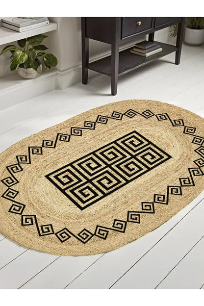Boho 987 Jüt Hasır Etnik Desenli Oval Jüt Örme Doğal Hasır Natural Oval Halı - HALI VAGONU