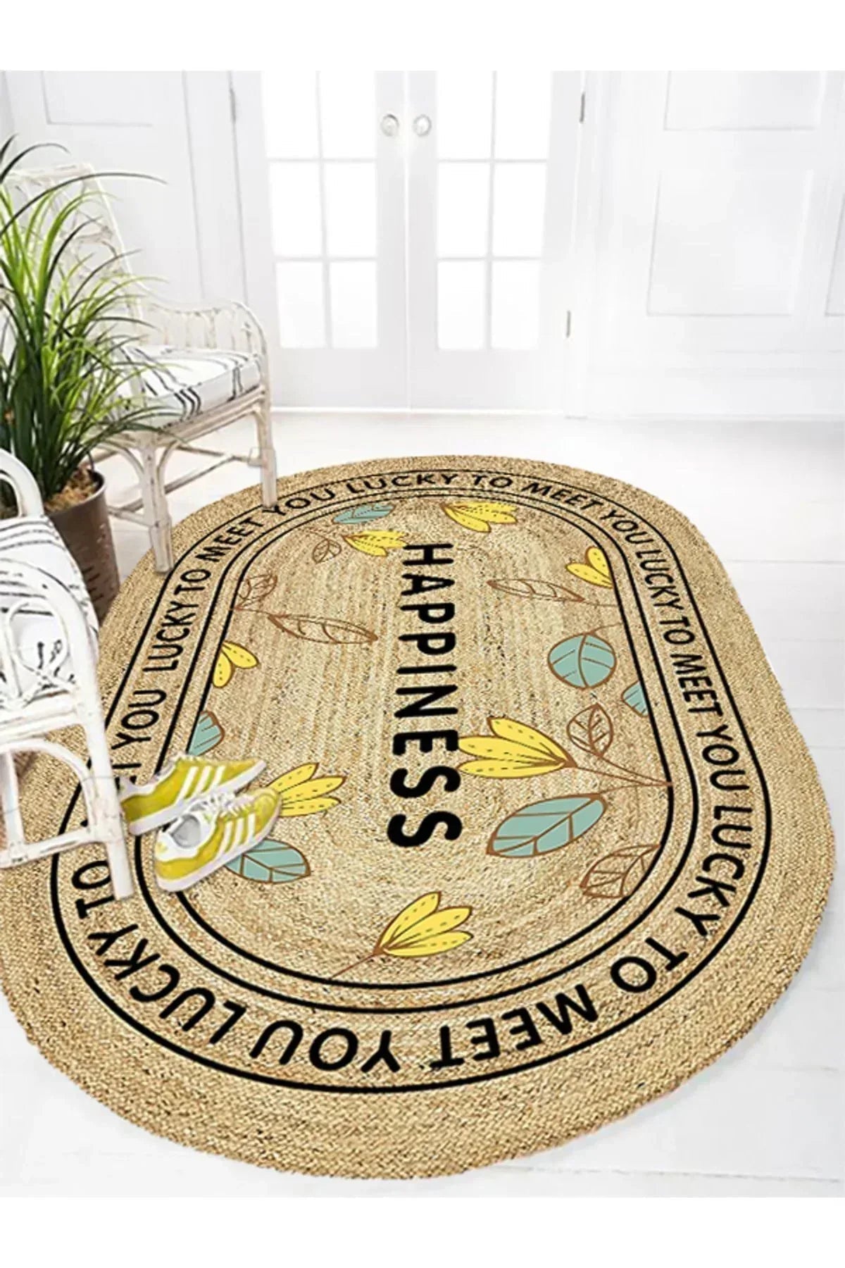 Boho 988 Jüt Hasır Etnik Desenli Oval Jüt Örme Doğal Hasır Natural Oval Halı - HALI VAGONU