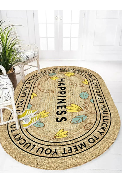 Boho 988 Jüt Hasır Etnik Desenli Oval Jüt Örme Doğal Hasır Natural Oval Halı - HALI VAGONU
