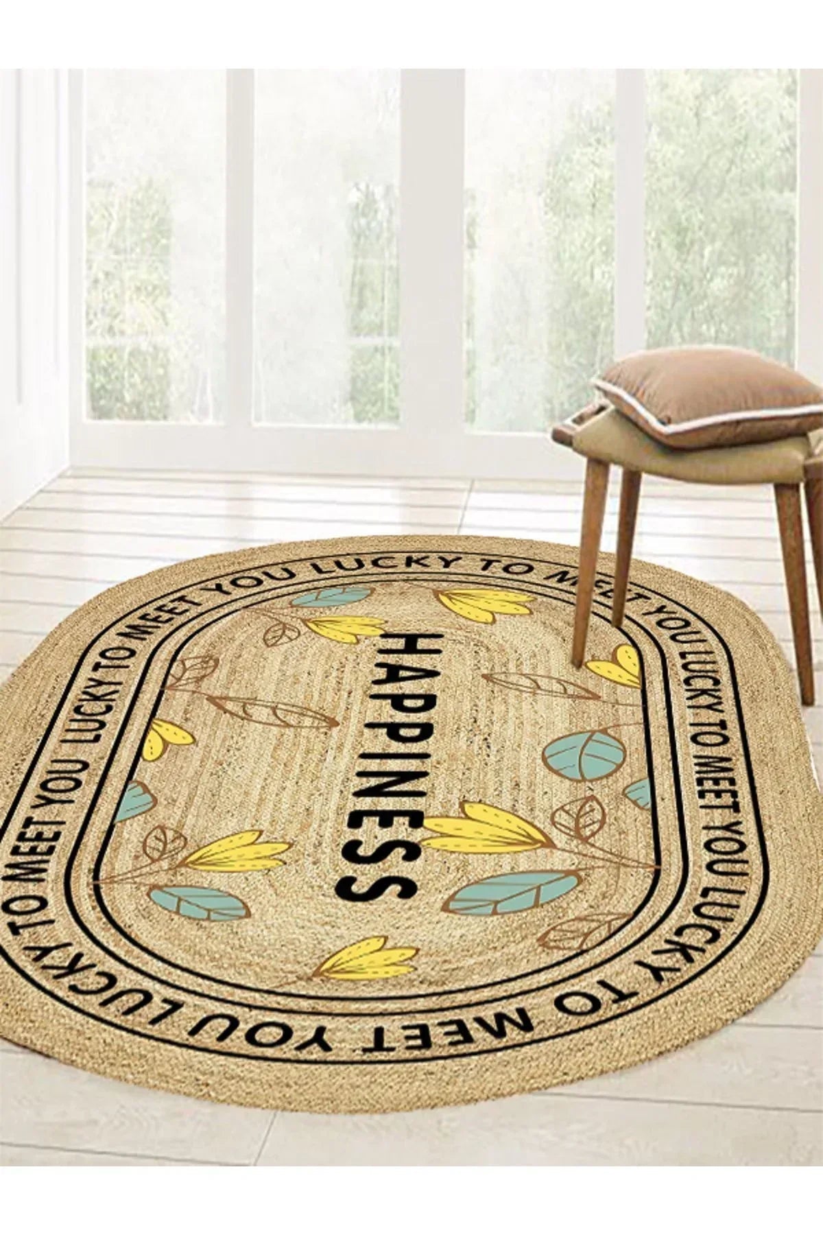 Boho 988 Jüt Hasır Etnik Desenli Oval Jüt Örme Doğal Hasır Natural Oval Halı - HALI VAGONU