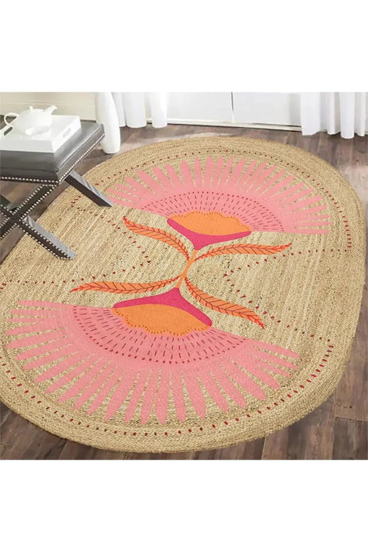 Boho 989 Jüt Hasır Etnik Desenli Oval Jüt Örme Doğal Hasır Natural Oval Halı - HALI VAGONU