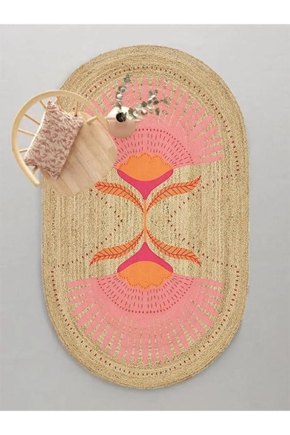 Boho 989 Jüt Hasır Etnik Desenli Oval Jüt Örme Doğal Hasır Natural Oval Halı - HALI VAGONU
