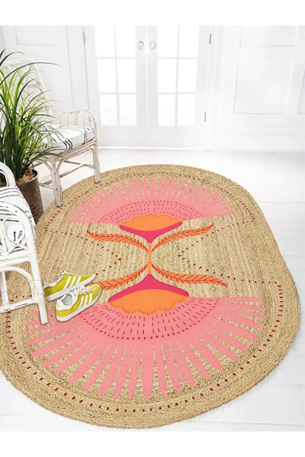 Boho 989 Jüt Hasır Etnik Desenli Oval Jüt Örme Doğal Hasır Natural Oval Halı - HALI VAGONU
