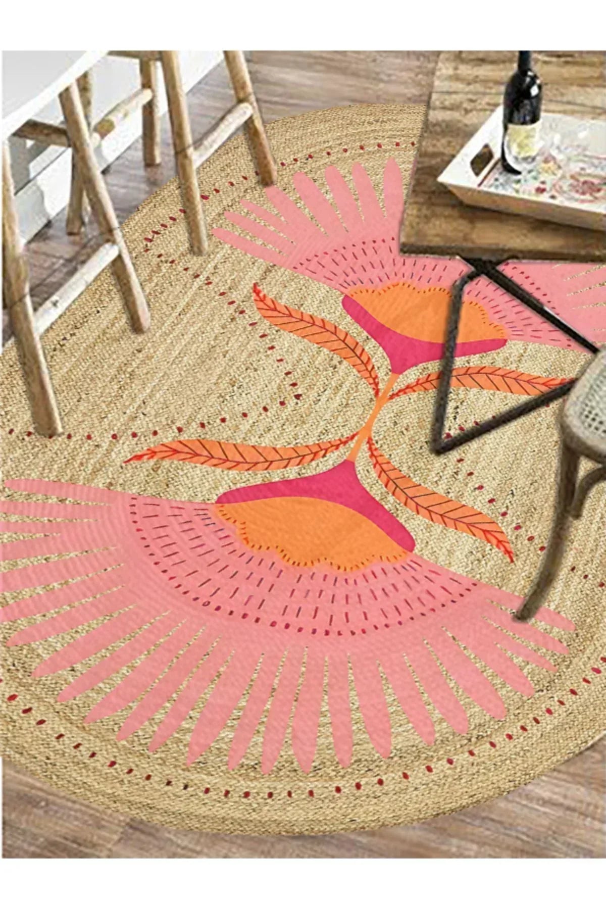 Boho 989 Jüt Hasır Etnik Desenli Oval Jüt Örme Doğal Hasır Natural Oval Halı - HALI VAGONU