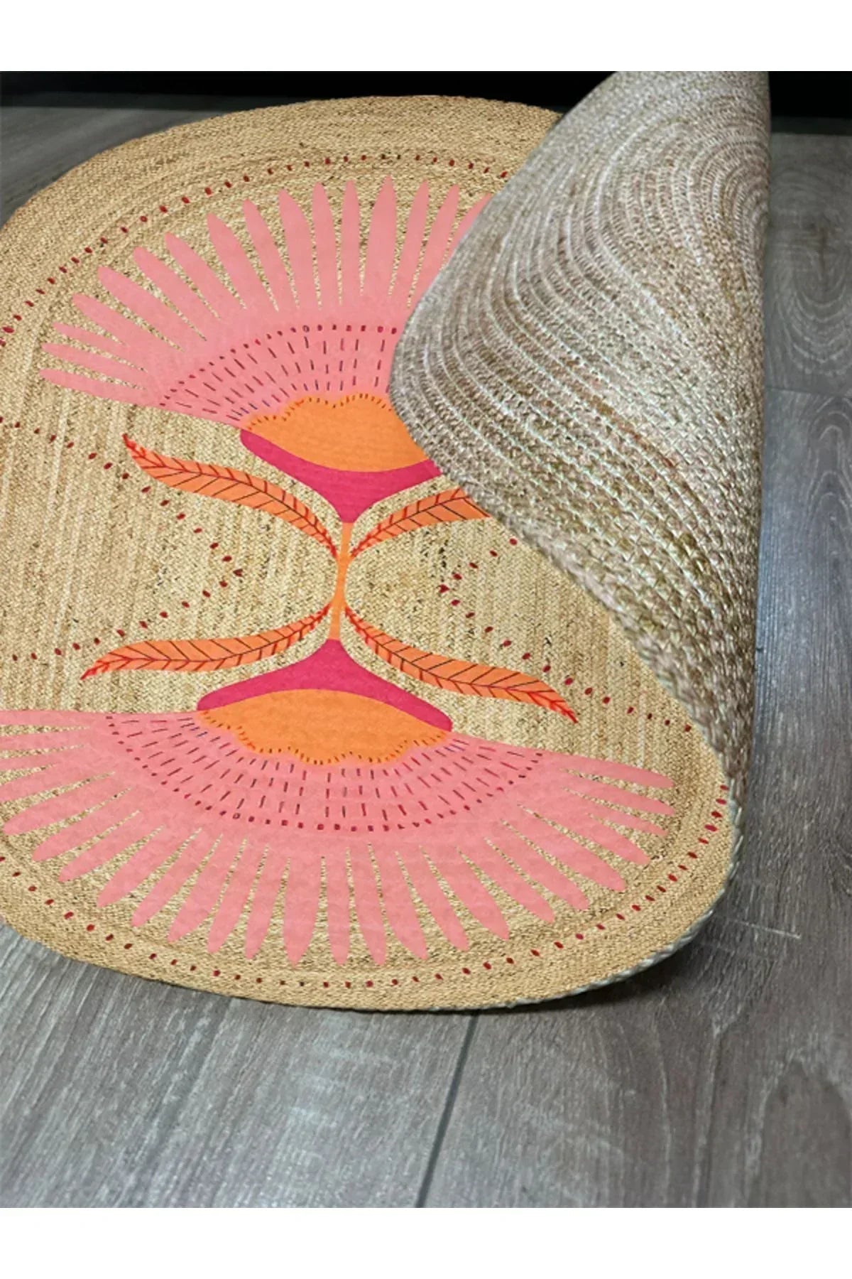 Boho 989 Jüt Hasır Etnik Desenli Oval Jüt Örme Doğal Hasır Natural Oval Halı - HALI VAGONU